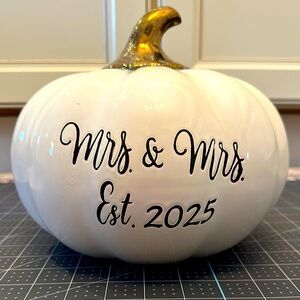 Mrs. and Mrs. established 2025 white ceramic pumpkin with gold top